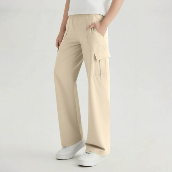 Spazoro Boys Cargo Pants, Elastic Waist Multi-Pockets Baggy Solid Color Casual Jogger for Boys Beige Size 7 T