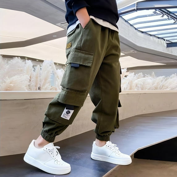 Spazoro Boys Cargo Pants, Elastic Waist Solid Color Multi-Pockets Baggy Casual Jogger for Boys Green Size 5 T
