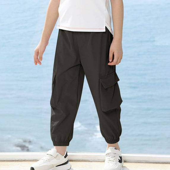 Spazoro Boys Cargo Pants, Lightweight Baggy Elastic Waist Multi-Pockets Solid Color Casual Jogger for Boys Black Size 5-6T