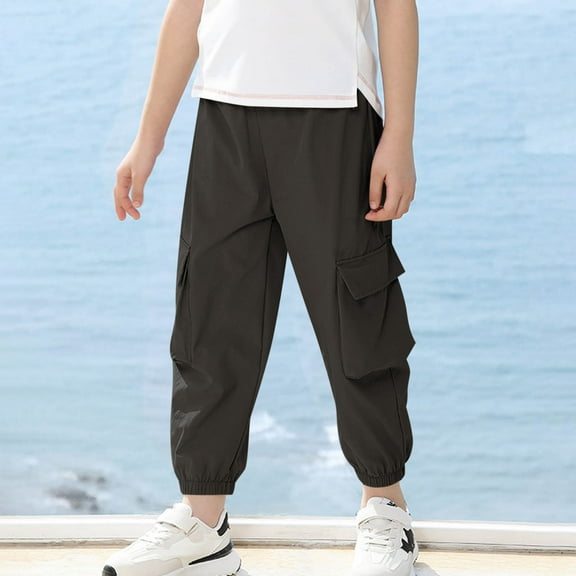 Spazoro Boys Cargo Pants, Lightweight Baggy Elastic Waist Multi-Pockets Solid Color Casual Jogger for Boys Black Size 5-6T