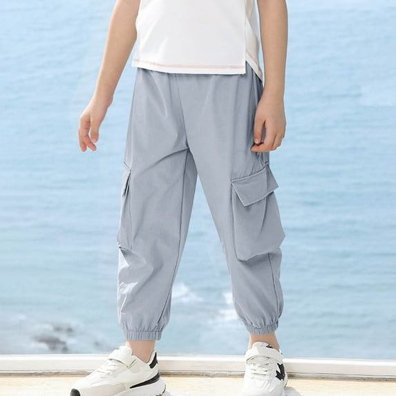 Spazoro Boys Cargo Pants, Multi-Pockets Elastic Waist Baggy Lightweight Solid Color Casual Jogger for Boys Gray Size 13-14T
