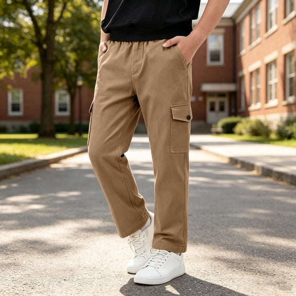 Spazoro Boys Cargo Pants with Multi‑Pockets, Elastic Waist Solid Color Straight Leg Relaxed Fit Pull‑on Casual Daily Long Trousers for Kids Khaki Size 7-8