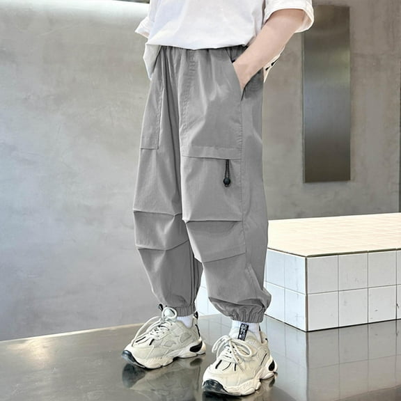 Spazoro Boys Cargo Pants, Multi-Pockets Solid Color Elastic Waist Baggy Casual Jogger for Boys Gray Size 5 T