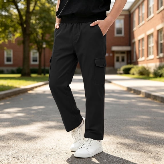 Spazoro Boys Cargo Pants with Multi‑Pockets, Straight Leg Elastic Waist Solid Color Relaxed Fit Pull‑on Casual Daily Long Trousers for Kids Black Size 13-14