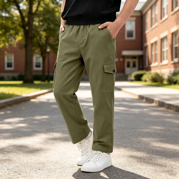 Spazoro Boys Cargo Pants with Multi‑Pockets, Straight Leg Relaxed Fit Elastic Waist Solid Color Pull‑on Casual Daily Long Trousers for Kids Green Size 9-10