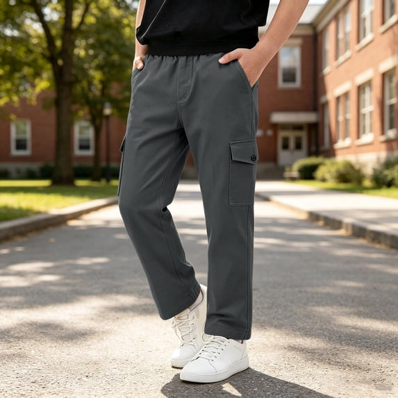 Spazoro Boys Cargo Pants with Multi‑Pockets, Straight Leg Solid Color Relaxed Fit Pull‑on Elastic Waist Casual Daily Long Trousers for Kids Dark Gray Size 11-12