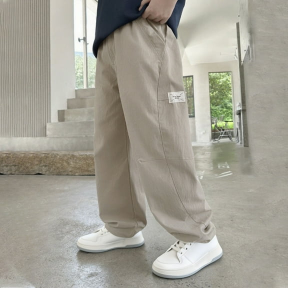 Spazoro Boys Cargo Pants with Multi-Pockets, Baggy Elastic Waist Soft & Warm Solid Color Casual Straight Leg Pants for Boys Khaki Size 5 T