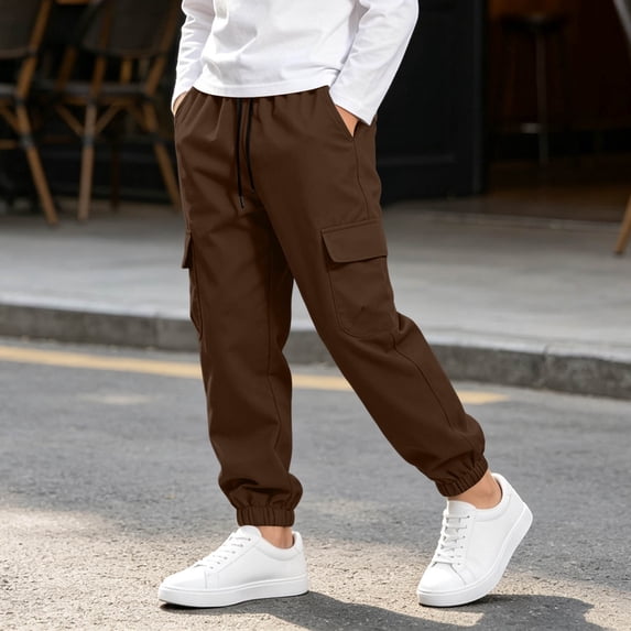 Spazoro Boys Cargo Pants with Multi‑Pockets, Casual Elastic Waist Drawstring Solid Color Jogger Fit Jogger Pants for Kids Brown Size 13-14