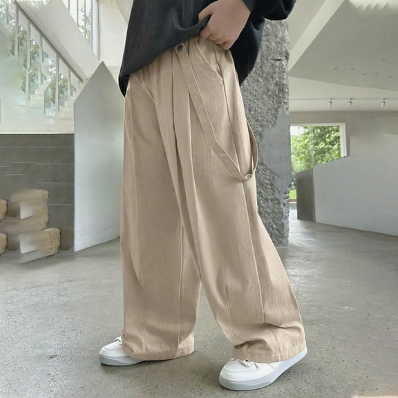 Spazoro Boys Cargo Pants with Multi-Pockets, Elastic Waist Soft & Warm Baggy Solid Color Casual Wide Leg Pants for Boys Khaki Size 7 T