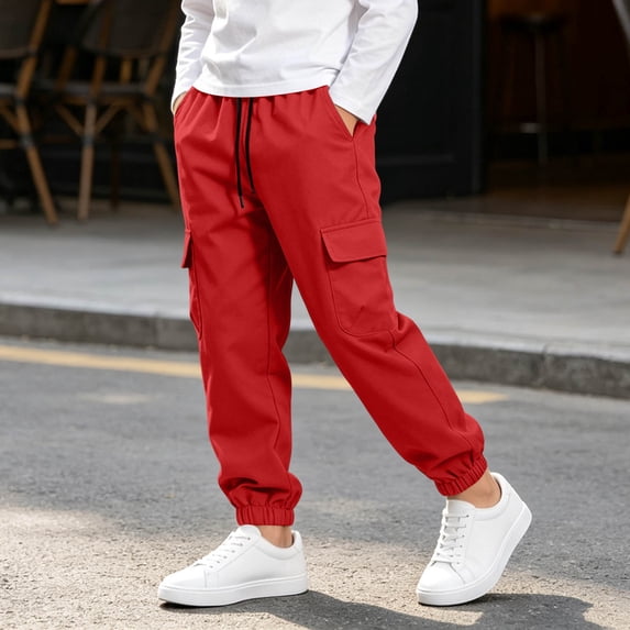 Spazoro Boys Cargo Pants with Multi‑Pockets, Elastic Waist Solid Color Drawstring Jogger Fit Casual Jogger Pants for Kids Red Size 4-5T