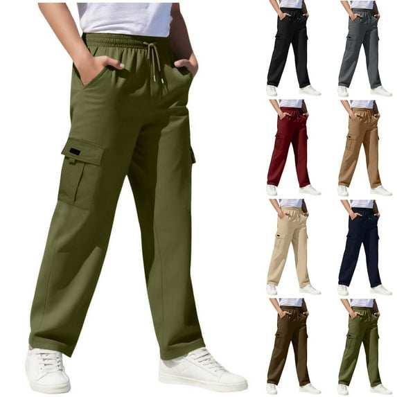 Spazoro Boys Cargo Pants with Multi-Pockets, Elastic Waist Solid Color Soft & Warm Baggy Casual Straight Leg Pants for Boys Army Green Size 5 T