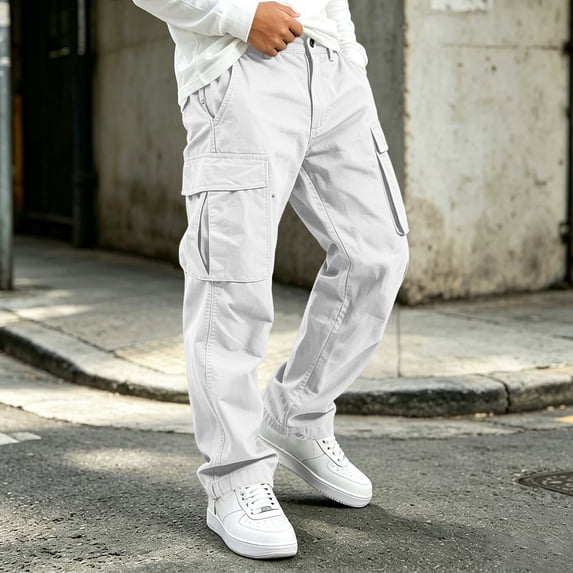 Spazoro Boys Cargo Pants with Multi-Pockets, Solid Color Breathable Elastic Waist Straight Leg Casual Trousers for Daily Streetwear White Size 5-6