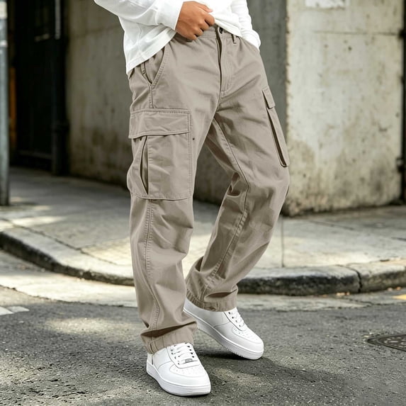 Spazoro Boys Cargo Pants with Multi-Pockets, Solid Color Breathable Straight Leg Elastic Waist Casual Trousers for Daily Streetwear Gray Size 7-8