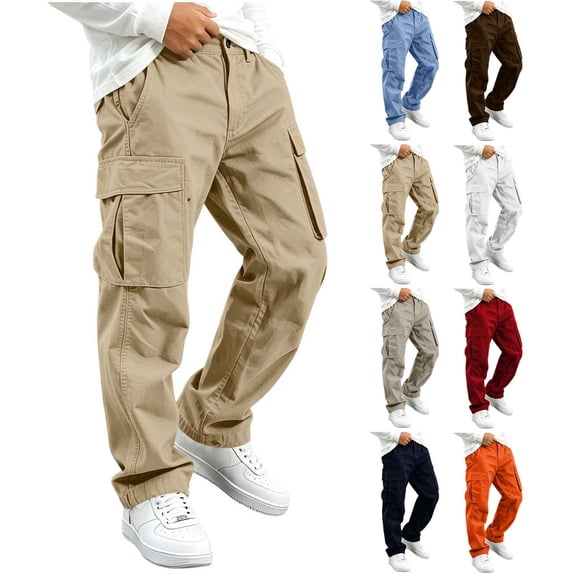 Spazoro Boys Cargo Pants with Multi-Pockets, Straight Leg Solid Color Breathable Elastic Waist Casual Trousers for Daily Streetwear Khaki Size 7-8