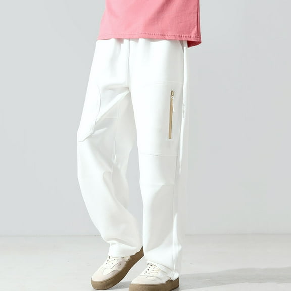 Spazoro Boys Cargo Sweatpants, Baggy Elastic Waist Cotton Solid Color Multi-Pockets Straight Leg Pants for Kids White Size 4-5