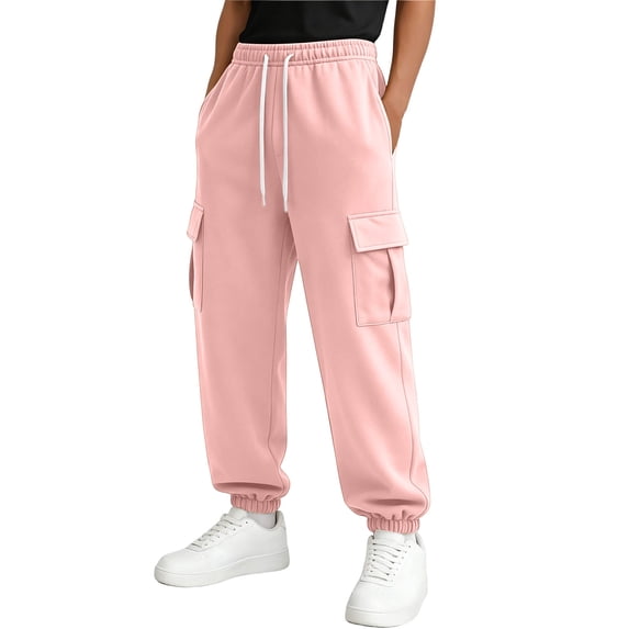 Spazoro Boys Cargo Sweatpants, Drawstring Jogger Cuffs Multiple Pockets Relaxed Fit Elastic Waist Casual Daily Jogging Pants Pink Size 11