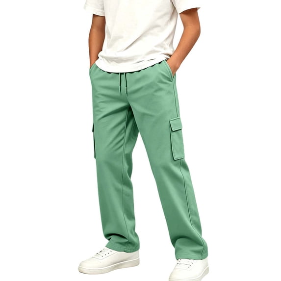 Spazoro Boys Cargo Sweatpants, Drawstring Multiple Pockets Elastic Waist Wide Leg Solid Color Casual Loose Fit Trousers Green Size 11-12