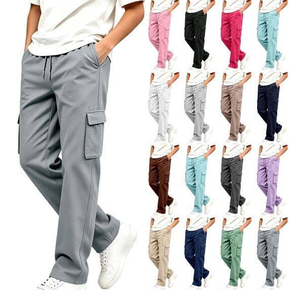 Spazoro Boys Cargo Sweatpants, Drawstring Multiple Pockets Wide Leg Elastic Waist Solid Color Casual Loose Fit Trousers Gray Size 7-8