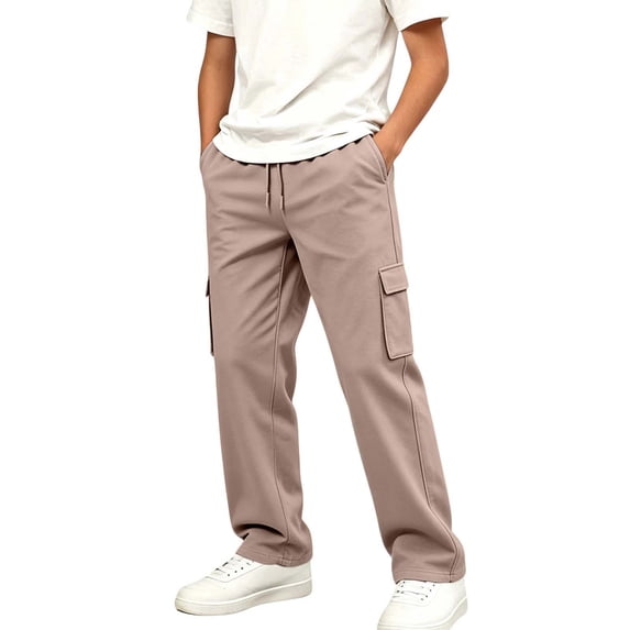Spazoro Boys Cargo Sweatpants, Elastic Waist Wide Leg Multiple Pockets Drawstring Solid Color Casual Loose Fit Trousers Coffee Size 7-8
