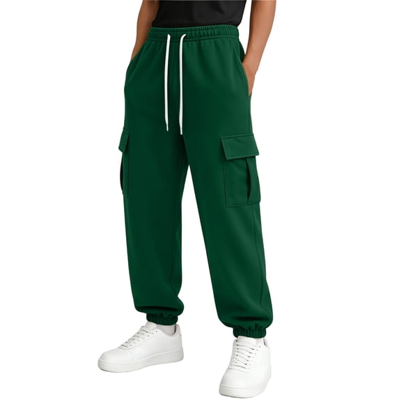 Spazoro Boys Cargo Sweatpants, Relaxed Fit Jogger Cuffs Multiple Pockets Drawstring Elastic Waist Casual Daily Jogging Pants Green Size 14