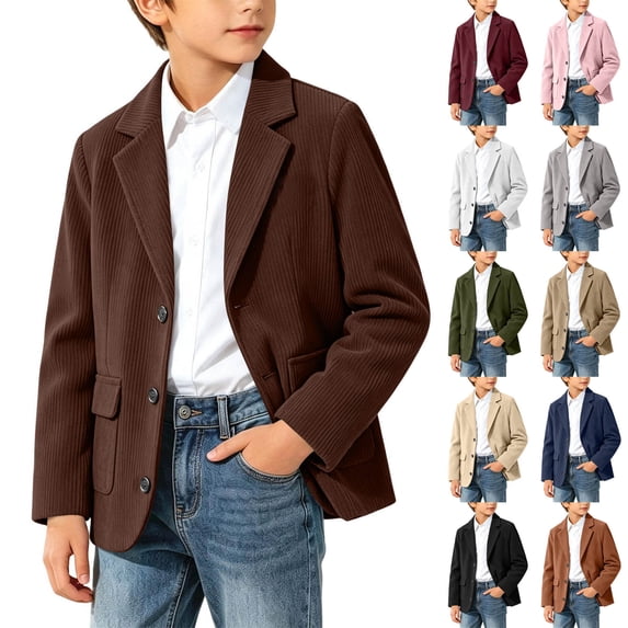 Spazoro Boys Corduroy Blazer with Pockets, Button Closure Notched Lapel Regular Fit Long Sleeve Solid Color Fall Winter Formal Casual Outerwear for Youth Brown Size 7-8
