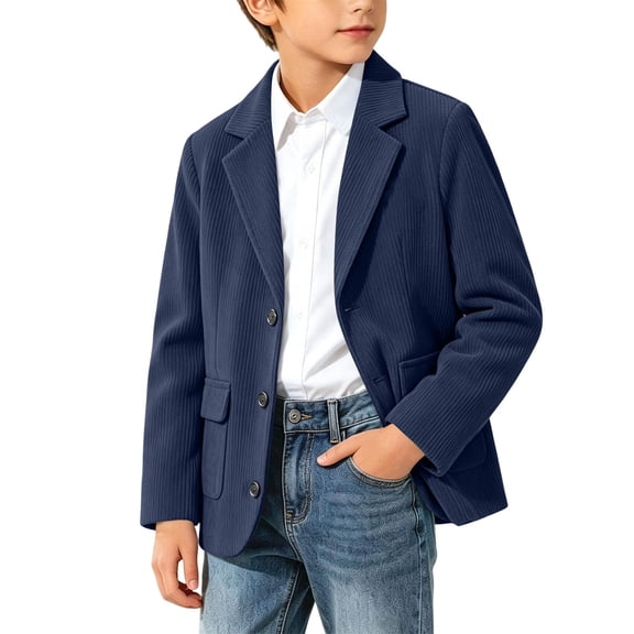Spazoro Boys Corduroy Blazer with Pockets, Solid Color Notched Lapel Long Sleeve Regular Fit Button Closure Fall Winter Formal Casual Outerwear for Youth Navy Size 13-14