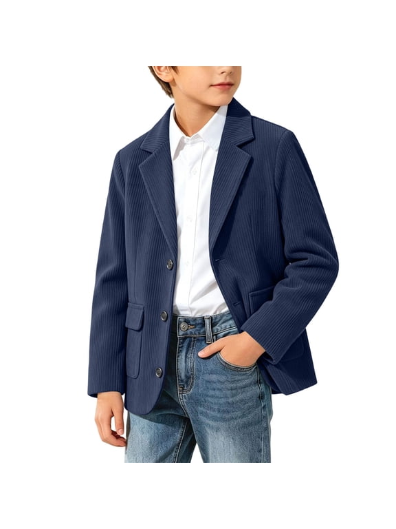 Boys Corduroy Blazer with Pockets, Solid Color Notched Lapel Long Sleeve Regular Fit Button Closure Fall Winter Formal Casual Outerwear for Youth Navy Size 13-14