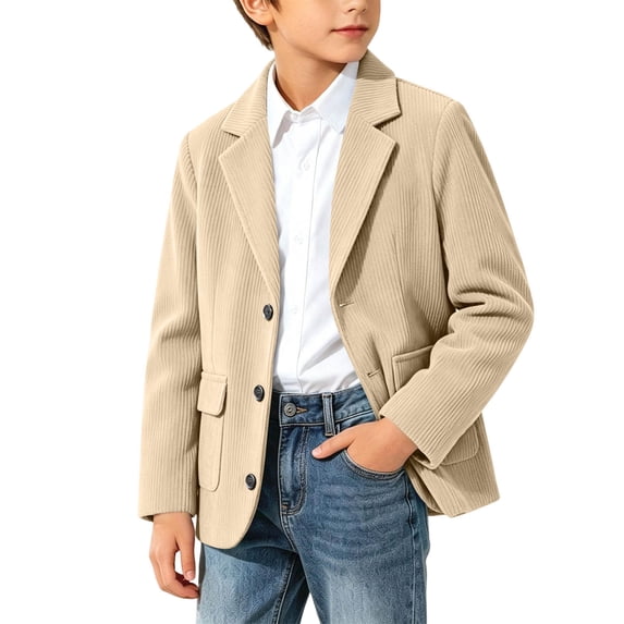 Spazoro Boys Corduroy Blazer with Pockets, Solid Color Regular Fit Notched Lapel Button Closure Long Sleeve Fall Winter Formal Casual Outerwear for Youth Beige Size 9-10