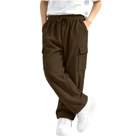Spazoro Boys Corduroy Cargo Pants with Multi‑Pockets, Drawstring Straight Leg Solid Color Elastic Waist Loose Fit Casual Trousers for Daily Street Coffee Size 4-5T
