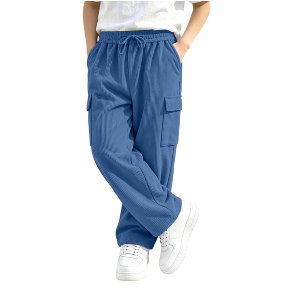 Spazoro Boys Corduroy Cargo Pants with Multi‑Pockets, Straight Leg Drawstring Elastic Waist Solid Color Loose Fit Casual Trousers for Daily Street Blue Size 4-5T