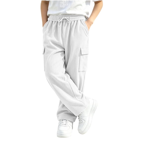 Spazoro Boys Corduroy Cargo Pants with Multi‑Pockets, Straight Leg Solid Color Drawstring Loose Fit Elastic Waist Casual Trousers for Daily Street White Size 4-5T