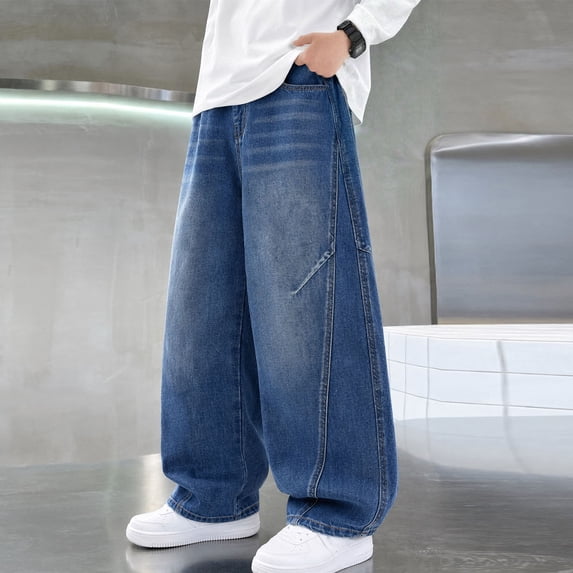 Spazoro Boys Denim Pants with Pockets, Loose Fit Zip Fly Durable Wide Leg Panel Detail Baggy Jeans Street Bottoms Blue Size 5-6