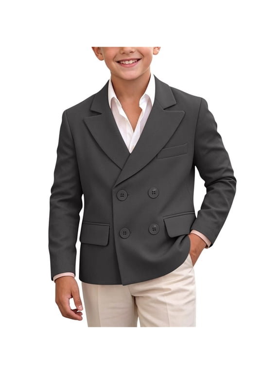Boys Double Breasted Blazer with Pockets, Long Sleeve Lapel Collar Formal Solid Color Regular Fit Smart Suit Jacket for Young Gentlemen Gray Size 5-6