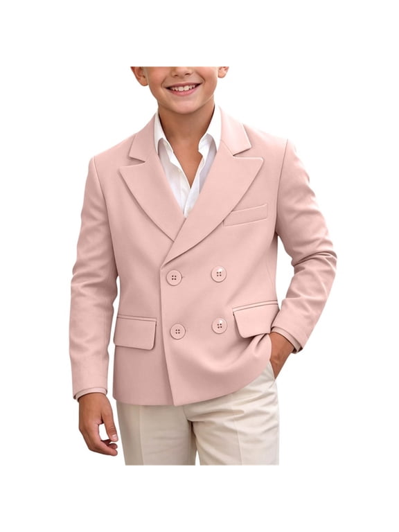 Boys Double Breasted Blazer with Pockets, Solid Color Formal Regular Fit Long Sleeve Lapel Collar Smart Suit Jacket for Young Gentlemen Pink Size 2-3T