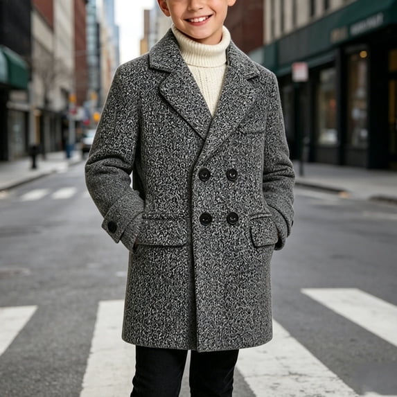 Spazoro Boys Double Breasted Overcoat with Pockets, Notch Lapel Tailored Fit Button Closure Long Sleeve Heavyweight Mid Length Outerwear Winter Coat Gray Size 12-13