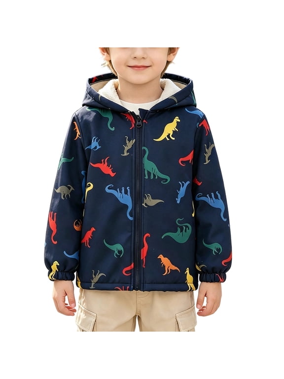 Boys Hooded Jacket with Pockets, Heavyweight Elastic Cuffs Dinosaur Print Fleece Lined Zip‑Up Windproof Outerwear for Outdoor Play Multicolor Size 3 T