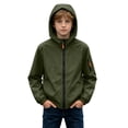 thumbnail image 1 of Spazoro Boys Hooded Jacket with Multi-Pockets, Lightweight Windproof Solid Color Zip-up Outdoor Windbreaker Coat Army Green Size 14-15, 1 of 9