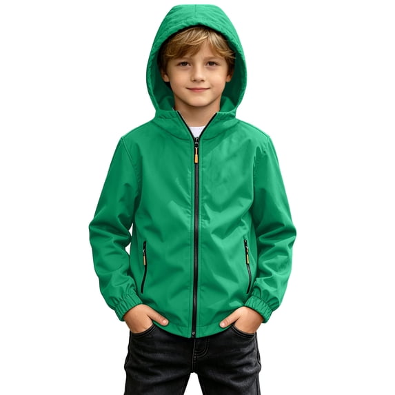 Spazoro Boys Hooded Jacket with Pockets, Lightweight Wind Resistant Zip-up Solid Color Casual Outerwear for Hiking Camping Green Size 12-13