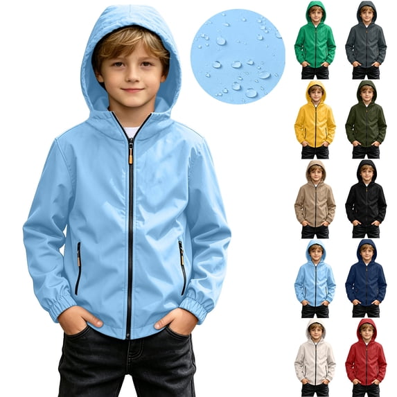 Spazoro Boys Hooded Jacket with Pockets, Wind Resistant Zip-up Lightweight Solid Color Casual Outerwear for Hiking Camping Blue Size 6-7