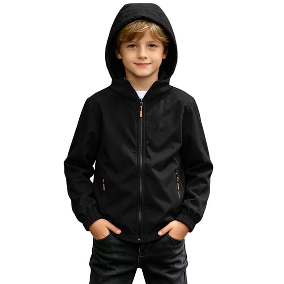 Spazoro Boys Hooded Jacket with Pockets, Wind Resistant Zip-up Solid Color Lightweight Casual Outerwear for Hiking Camping Black Size 6-7