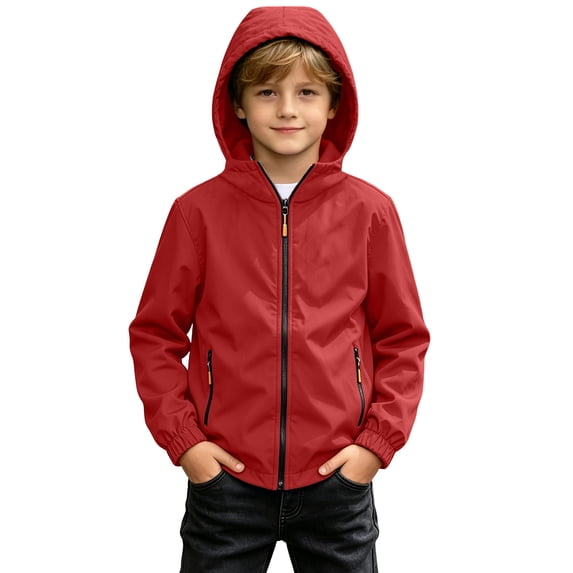 Spazoro Boys Hooded Jacket with Pockets, Zip-up Solid Color Lightweight Wind Resistant Casual Outerwear for Hiking Camping Red Size 4-5T