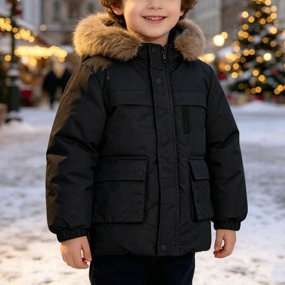 Spazoro Boys Hooded Winter Parka with Multi‑Pockets, Windproof Snap Closure Faux Fur Trim Long Sleeve Regular Fit Warm Insulated Outerwear Coats for Kids Black Size 11-12