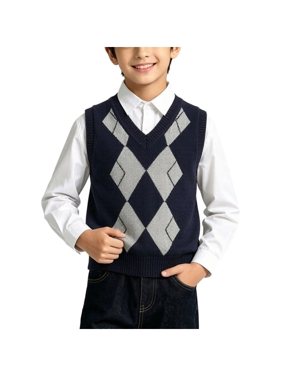 Boys Knit Sweater Vest with Argyle Pattern, 100% Cotton Breathable V Neck Lightweight Preppy Sleeveless Pullover Waistcoat for School Navy Size 14-15