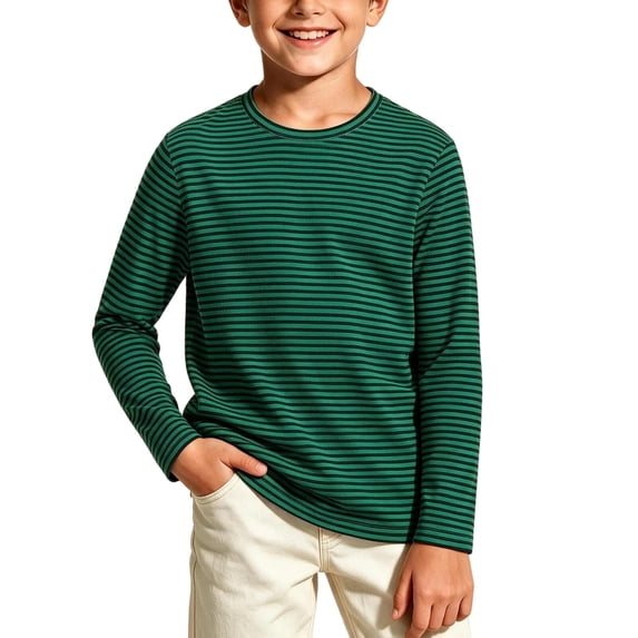 Spazoro Boys Long Sleeve T-Shirt with Crew Neck, Breathable Stretchy Striped Lightweight Casual Tee Shirts for Daily Wear Green Size 11-14