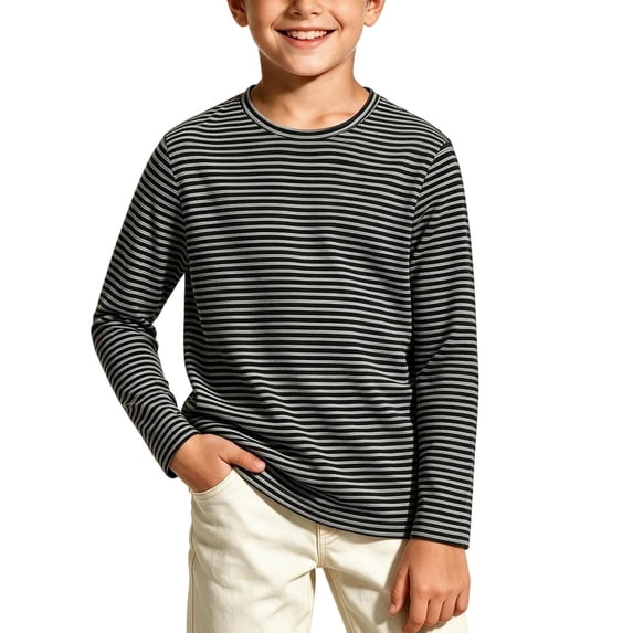 Spazoro Boys Long Sleeve T-Shirt with Crew Neck, Lightweight Breathable Stretchy Striped Casual Tee Shirts for Daily Wear Black Size 9-11