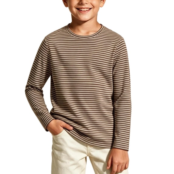 Spazoro Boys Long Sleeve T-Shirt with Crew Neck, Lightweight Stretchy Striped Breathable Casual Tee Shirts for Daily Wear Brown Size 11-14