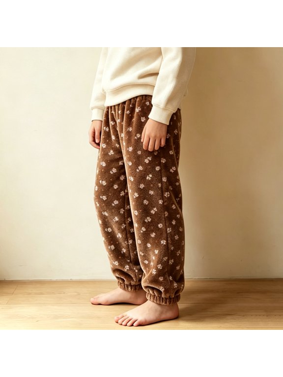Boys Loungewear Pants, Solid Print Jogger Cut Elastic Waist Long Length Loose Fit Warm Jogger Trousers for Indoor Daily Wear Brown Size 3-4T