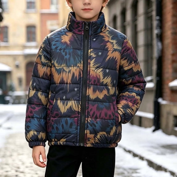 Spazoro Boys Padded Winter Jacket with Pockets, Stand Collar All‑Over Art Print Elastic Cuffs Quilted Construction Full Zip Closure Warm Outerwear for Kids Multicolor Size 8-9