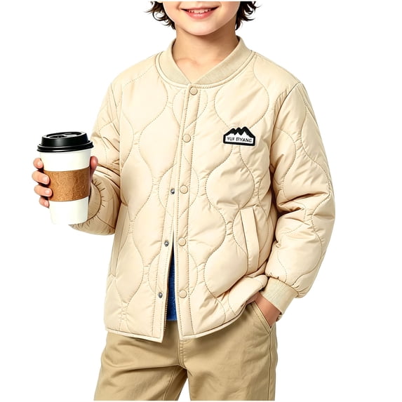 Spazoro Boys Quilted Bomber Jacket with Fleece Lined, Snap Closure Warm Baseball Collar Long Sleeve Winter Outerwear Coat Beige Size 13-14