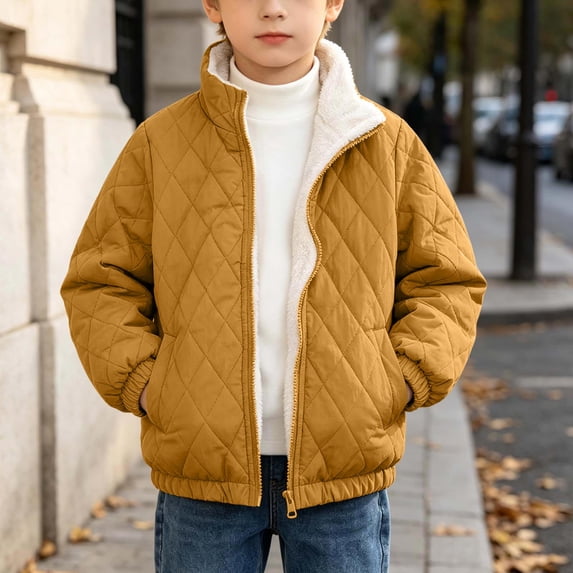 Spazoro Boys Quilted Jacket with Pockets, Loose Fit Zip Up Sherpa Lined Stand Collar Elastic Cuffs Warm Winter Outerwear for Boys Yellow Size 13-14